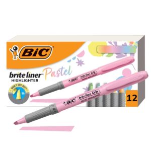 BIC Brite Liner Grip Pastel Highlighter Set, Chisel Tip, 12-Count Pack in Assorted Colors, Cute Highlighters for Bullet Journal Exercises, Note Taking and More