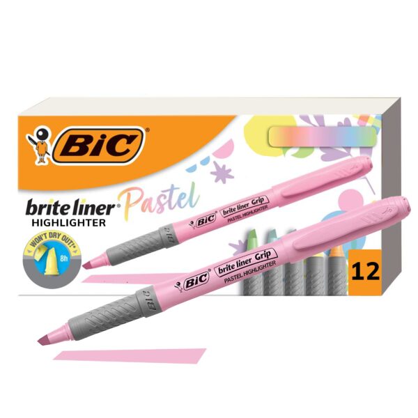 BIC Brite Liner Grip Pastel Highlighter Set, Chisel Tip, 12-Count Pack in Assorted Colors, Cute Highlighters for Bullet Journal Exercises, Note Taking and More