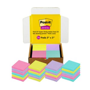 Post-it Super Sticky Notes, 3×3 in, 24 Pads/Pack, 70 Sheets/Pad, Amazon Exclusive Bright Color Collection, Aqua Splash, Acid Lime, Tropical Pink and Iris Infusion