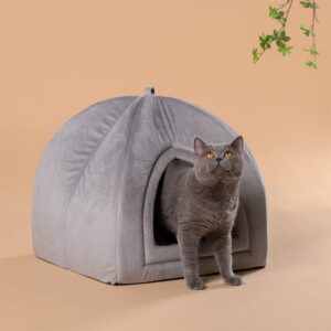 KASENTEX Cat Bed for Indoor Cats, 2-in-1 Cat House Pet Supplies for Kitten and Small Cat or Dog – Animal Cave, Cat Tent with Removable Washable Pillow Cushion (Dark Grey 15x15x15)