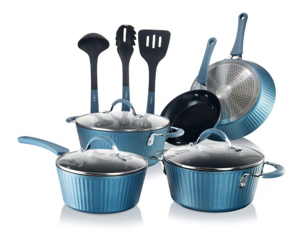 NutriChef Nonstick Cookware Excilon Home Kitchen Ware Pots & Pan Set with Saucepan, Frying Pans, Cooking Pots, Lids, Utensil PTFE/PFOA/PFOS Free, 11 Pcs, Blue